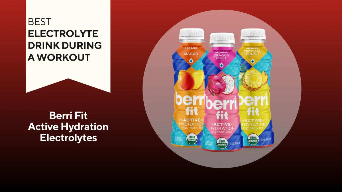 A red background with a banner reading "Best Electrolyte Drink During a Workout" next to three orange, yellow, pink, and blue bottles of Berri Fit Active Hydration electrolyte drink